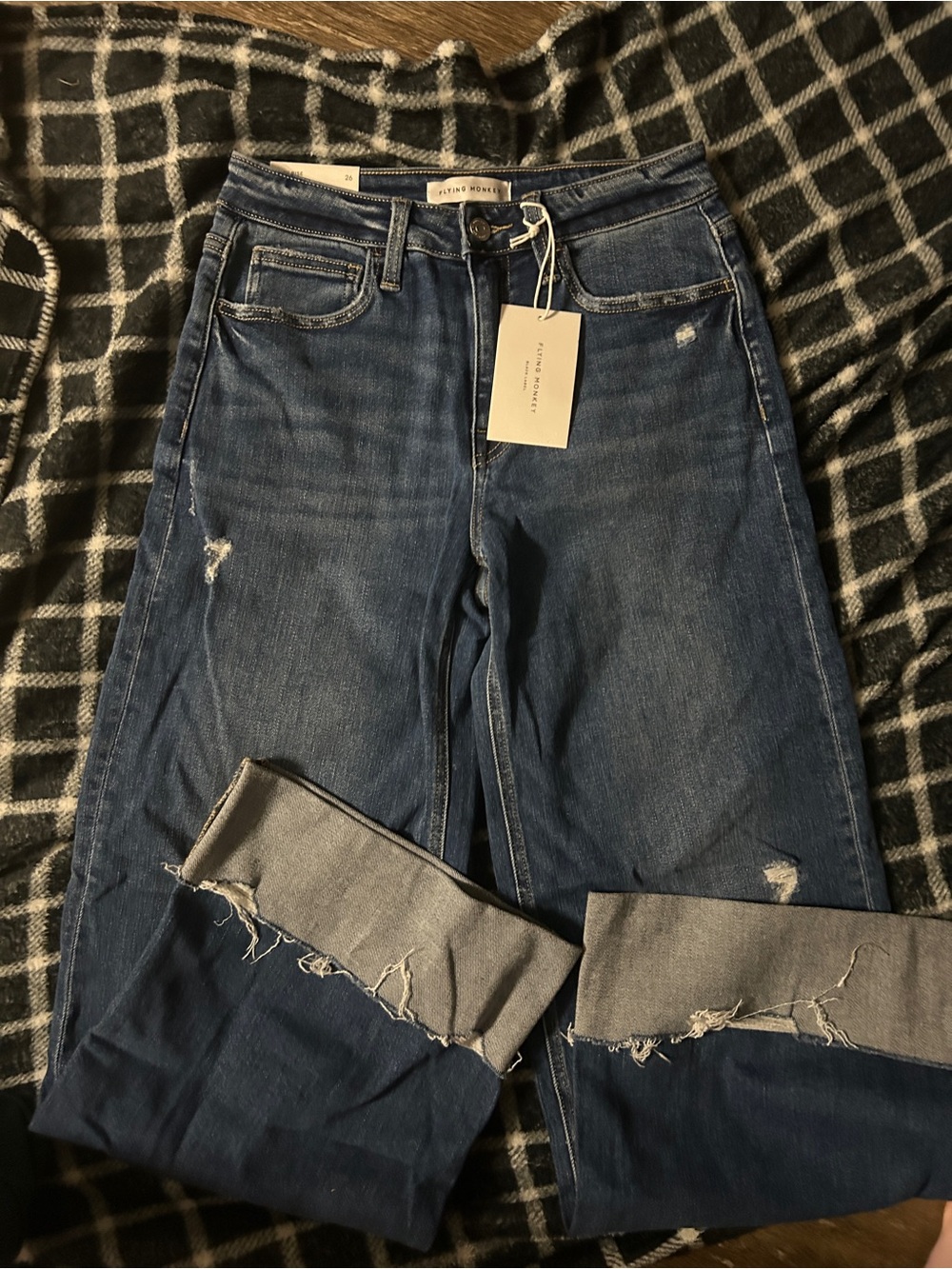 Flying Monkey Dark Blue Distressed Wide Leg Jeans